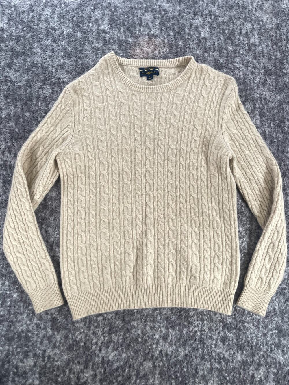 Club Room Mens Cashmere Sweater Cream White Cable Knit Crewneck L Fisherman